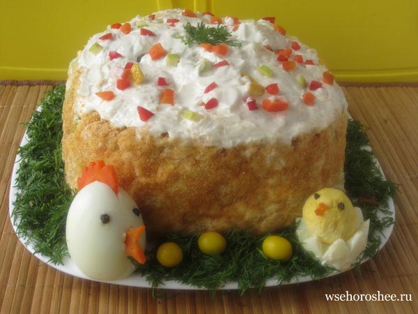 Салат пасхальный кулич рецепт с фото - с цыплятами